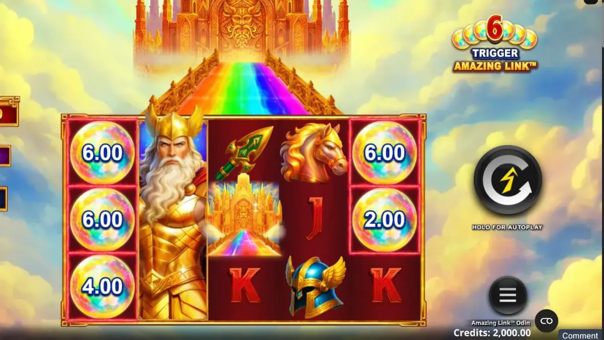 Pemandangan megah Asgard dalam slot Amazing Link Odin dengan simbol-simbol mitologi Nordik.