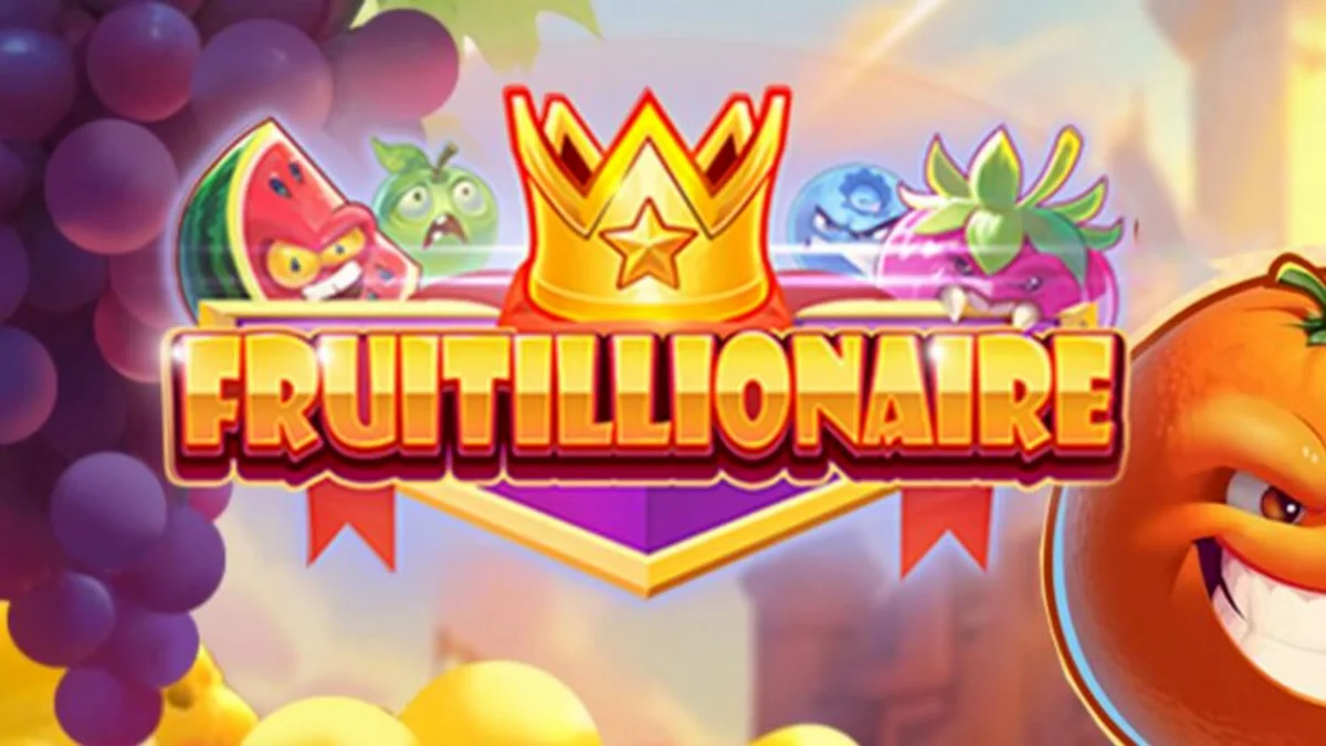 Tampilan visual slot Fruitillionaire dengan karakter buah yang marah dan latar belakang kerajaan yang mewah.